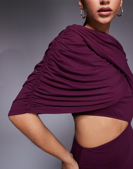 ASOS DESIGN - Vestito lungo a mantella asimmetrico color fico con cut-out, 3 di 4
