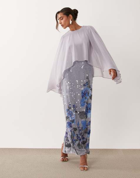ASOS DESIGN - Vestito lungo a mantella con gonna decorata blu - view 1