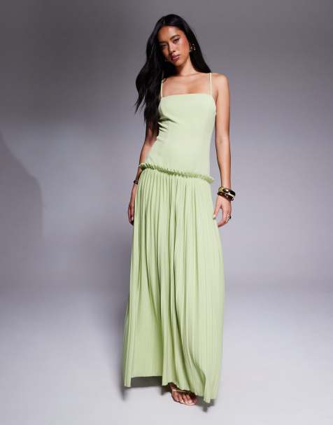 ASOS DESIGN - Vestito lungo a pieghe color pistacchio con vita scesa e scollo squadrato - view 1