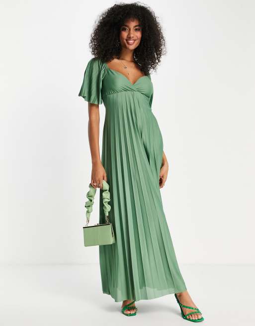 ASOS DESIGN - Vestito lungo a pieghe con incrocio sul retro e maniche ad aletta color verde salvia