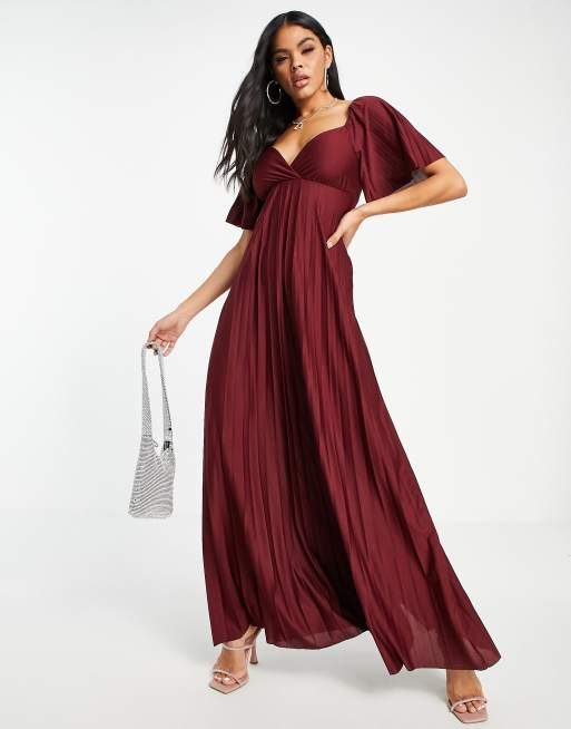 ASOS DESIGN - Vestito lungo a pieghe con incrocio sul retro rosso con maniche ad aletta