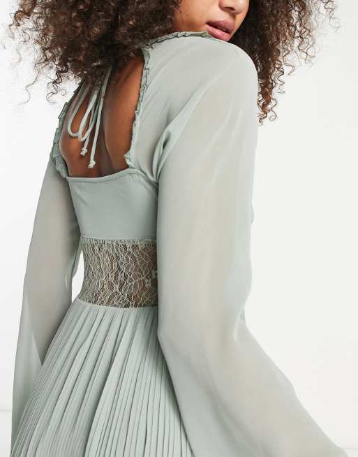 ASOS DESIGN - Vestito lungo a pieghe con inserti in pizzo in vita e maniche a campana color salvia , 3 di 4