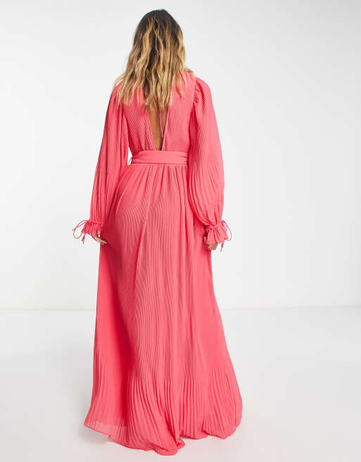 ASOS DESIGN - Vestito lungo a pieghe con maniche a campana e cintura rosa, 3 di 4