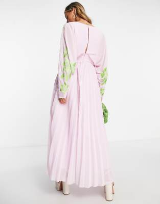 Vestito lungo a pieghe con maniche ad ali di pipistrello lilla con ricami verdi-Multicolore - ASOS DESIGN  donna Multicolore - immagine2
