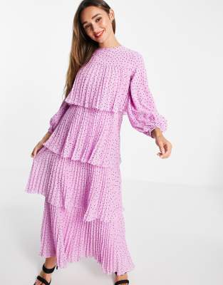 ASOS DESIGN tiered pleated maxi dress in polka dot print - ASOS Price Checker