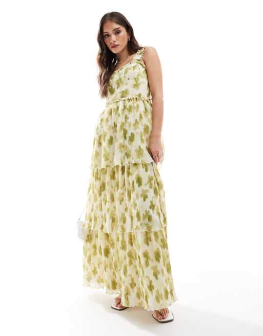 ASOS DESIGN - Vestito lungo a pieghette e balze con spalline ampie e corpino arricciato verde con stampa a fiori sfocati