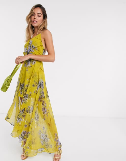 ASOS DESIGN Vestito lungo a portafoglio con taglio asimmetrico giallo con stampa a fiori