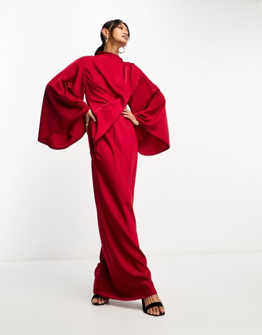 ASOS DESIGN - Vestito lungo a portafoglio in raso rosso intenso con corpino drappeggiato e maniche stile kimono