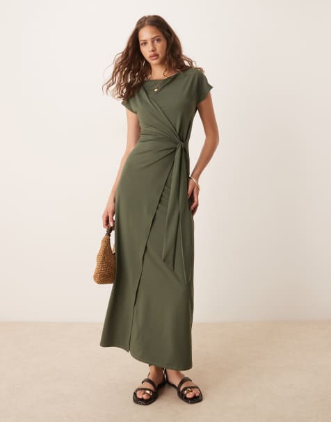 ASOS DESIGN - Vestito lungo a portafoglio verde con maniche ad aletta allacciato sul davanti - view 1
