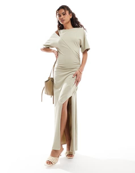 ASOS DESIGN - Vestito lungo a T-Shirt con scollo a barchetta drappeggiato color pietra - view 1
