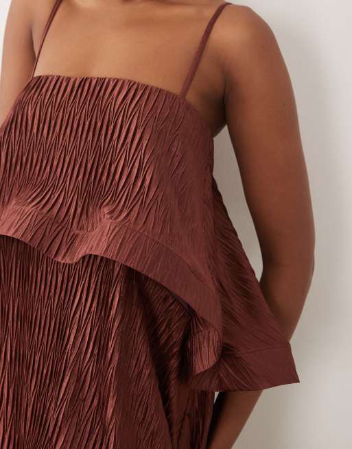 ASOS DESIGN - Vestito lungo a trapezio a balze plissé color cioccolato a zig-zag, 3 di 4