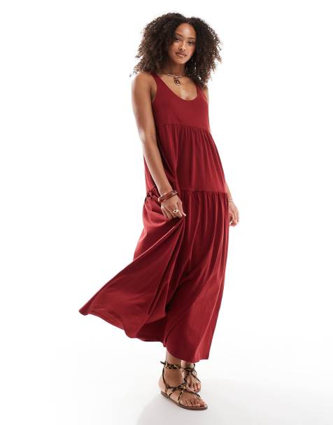 ASOS DESIGN - Vestito lungo a trapezio bordeaux a balze con scollo rotondo - view 1