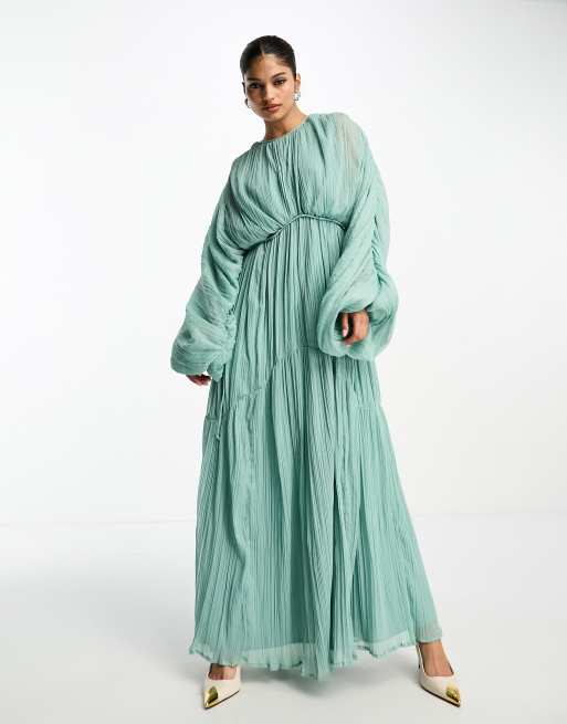 ASOS DESIGN - Vestito lungo a trapezio color salvia a pieghe strette con maniche ad ali di pipistrello