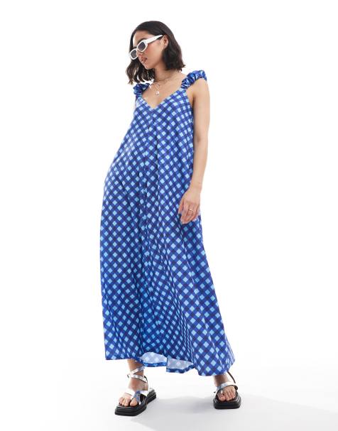 ASOS DESIGN - Vestito lungo a trapezio con maniche a sbuffo blu a quadri - view 1