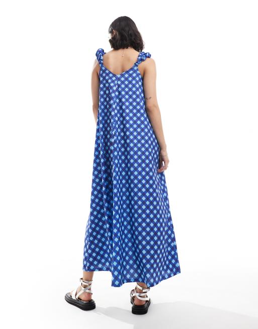 ASOS DESIGN - Vestito lungo a trapezio con maniche a sbuffo blu a quadri, 2 di 4
