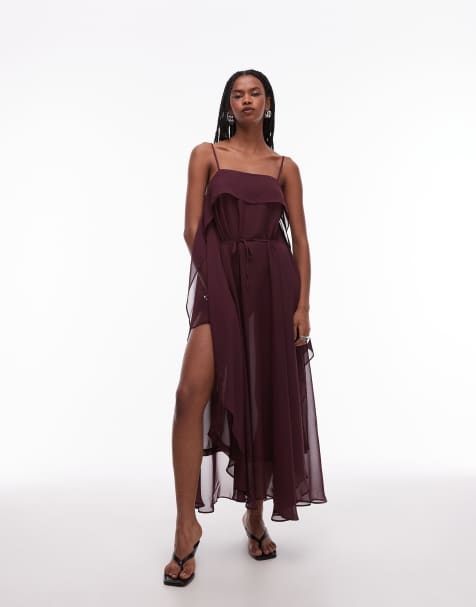 ASOS DESIGN - Vestito lungo a trapezio in chiffon color prugna - view 1
