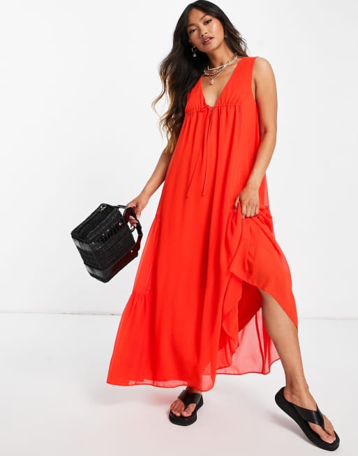 ASOS DESIGN - Vestito lungo a trapezio senza maniche con laccetti sul collo e ai lati