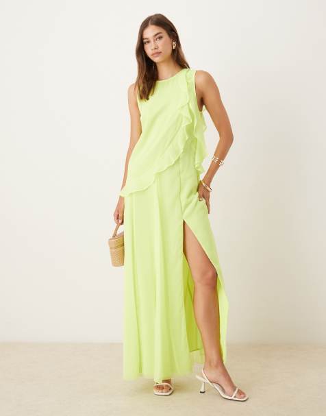 ASOS DESIGN - Vestito lungo a trapezio verde lime con scollo a vogatore e volant - view 1