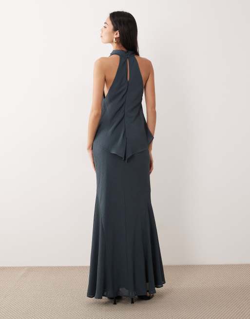 ASOS DESIGN - Vestito lungo accollato a doppio strato in chiffon grigio antracite, 3 di 4
