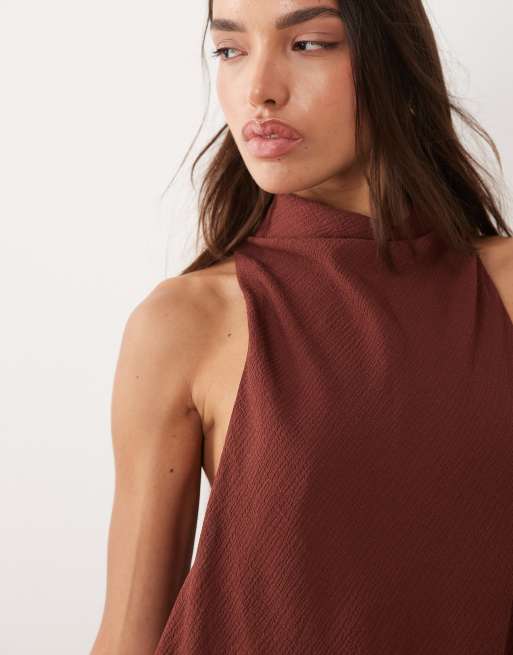 ASOS DESIGN - Vestito lungo accollato a doppio strato in chiffon marrone cioccolato, 3 di 4