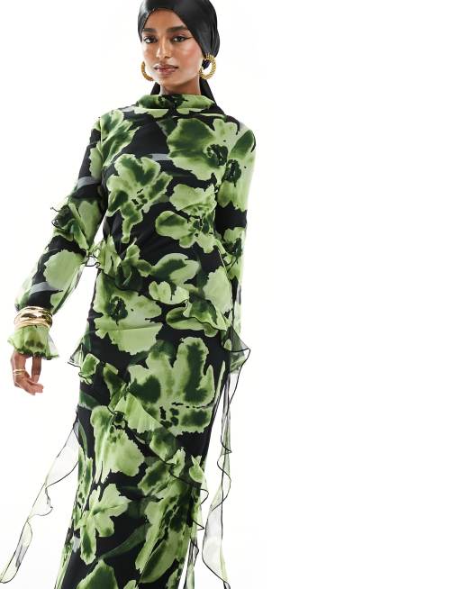 ASOS DESIGN - Vestito lungo accollato a fiori con taglio asimmetrico e volant, 3 di 4