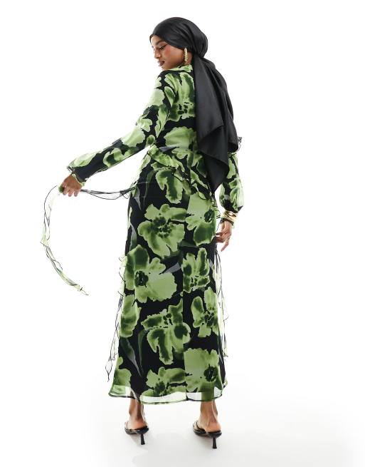 ASOS DESIGN - Vestito lungo accollato a fiori con taglio asimmetrico e volant, 4 di 4