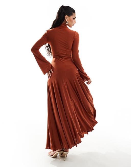 ASOS DESIGN - Vestito lungo accollato a maniche lunghe color ruggine svasato, 2 di 4