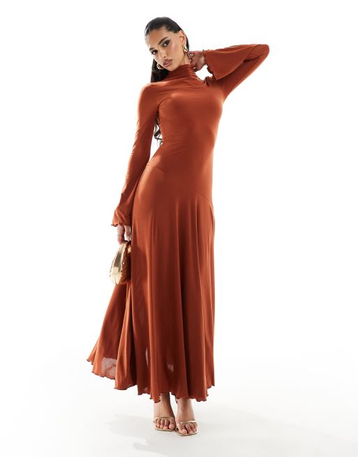 ASOS DESIGN - Vestito lungo accollato a maniche lunghe color ruggine svasato, 4 di 4