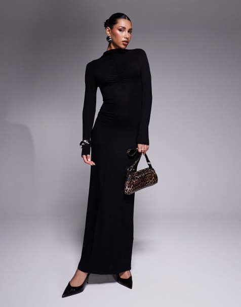 ASOS DESIGN - Vestito lungo accollato a maniche lunghe nero con arricciature - view 1