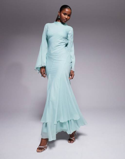 ASOS DESIGN - Vestito lungo accollato a maniche lunghe verde-azzurro con godet con volant e maniche svasate, 2 di 4