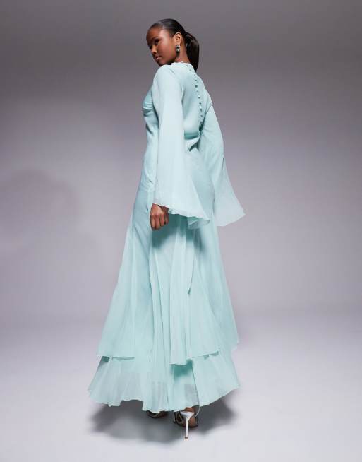 ASOS DESIGN - Vestito lungo accollato a maniche lunghe verde-azzurro con godet con volant e maniche svasate, 3 di 4