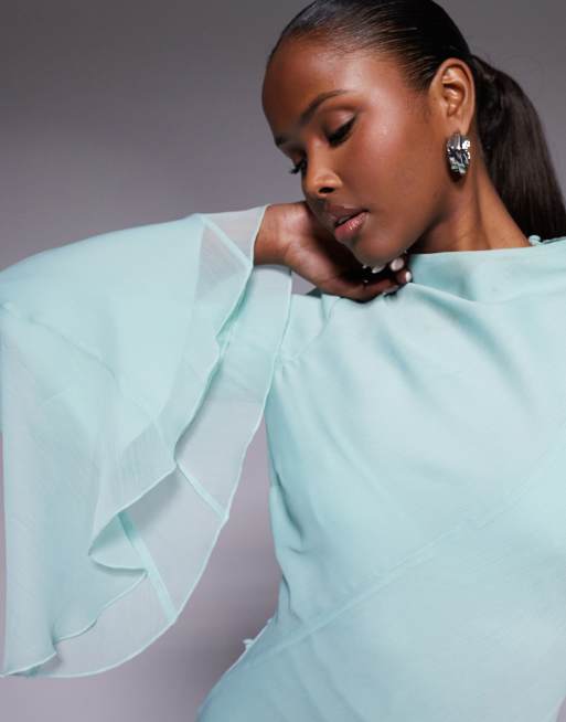 ASOS DESIGN - Vestito lungo accollato a maniche lunghe verde-azzurro con godet con volant e maniche svasate, 4 di 4