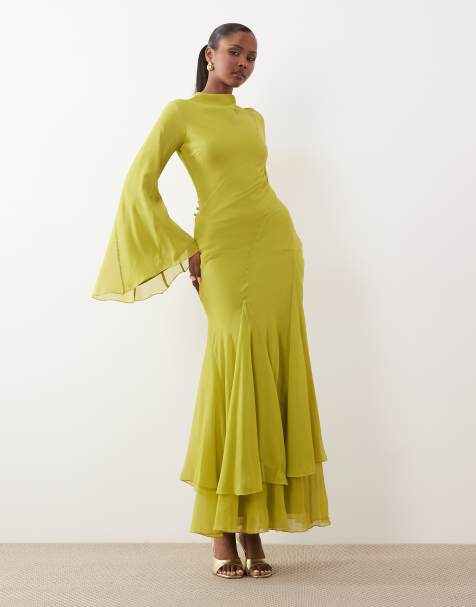 ASOS DESIGN - Vestito lungo accollato a maniche lunghe verde oliva con godet con volant e maniche svasate - view 1