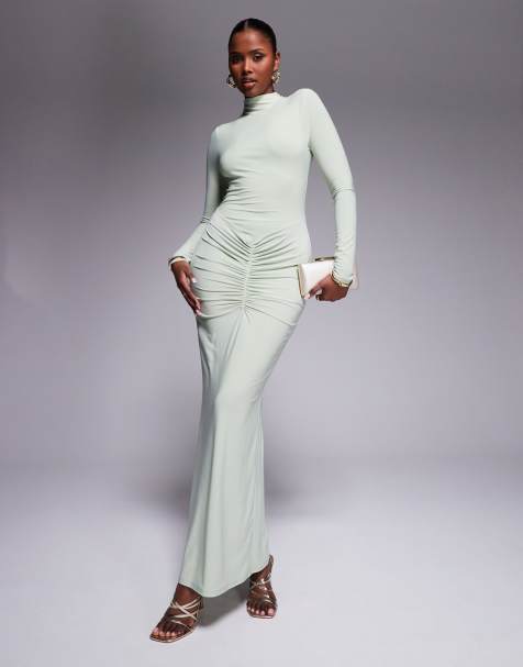 ASOS DESIGN - Vestito lungo accollato a maniche lunghe verde salvia con arricciatura al centro - view 1