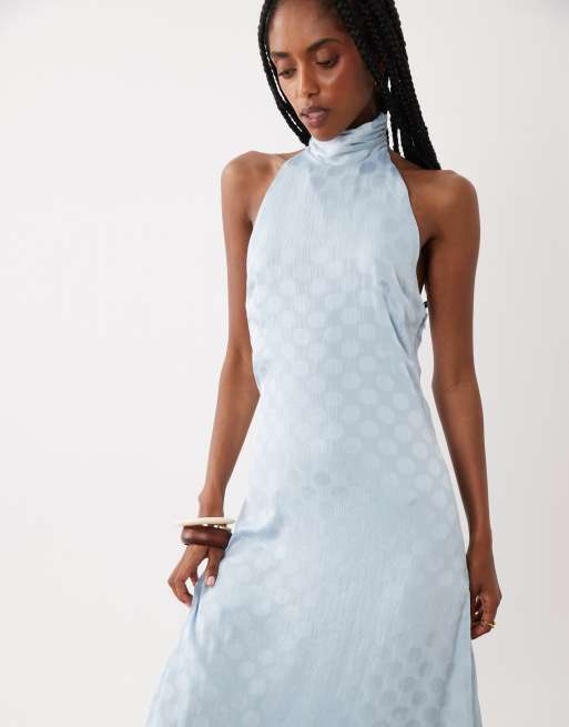 ASOS DESIGN - Vestito lungo accollato allacciato al collo in chiffon blu trasparente a pois, 2 di 4