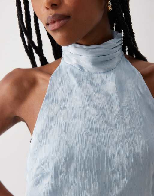 ASOS DESIGN - Vestito lungo accollato allacciato al collo in chiffon blu trasparente a pois, 3 di 4