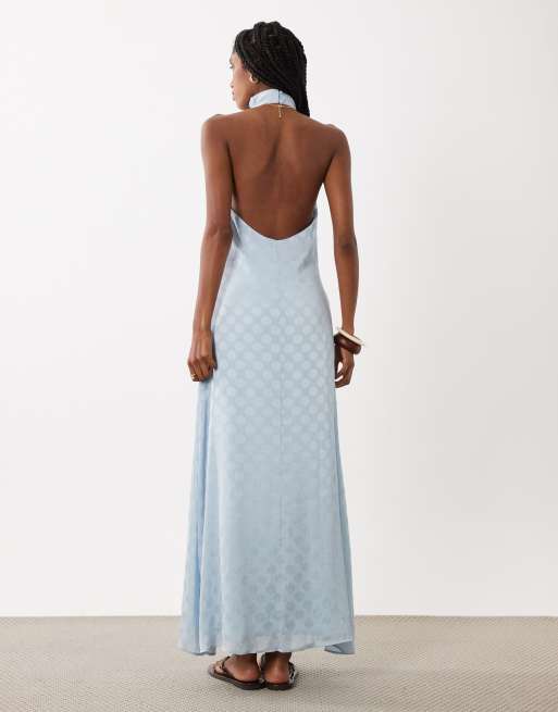 ASOS DESIGN - Vestito lungo accollato allacciato al collo in chiffon blu trasparente a pois, 4 di 4