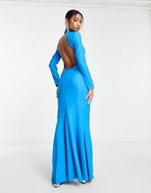 ASOS DESIGN - Vestito lungo accollato aperto sul retro color blu elettrico