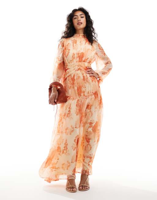 ASOS DESIGN - Vestito lungo accollato arancione con stampa sfocata e dettaglio a spina di pesce
