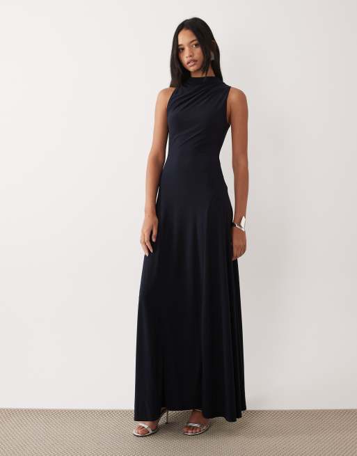 ASOS DESIGN - Vestito lungo accollato blu navy con dettagli arricciati sul retro