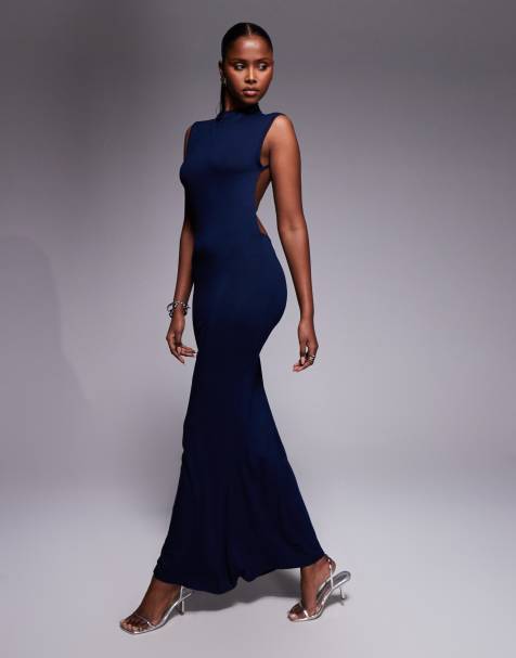 ASOS DESIGN - Vestito lungo accollato blu navy con schiena scoperta e spalle taglio dritto - view 1