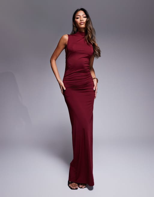 ASOS DESIGN - Vestito lungo accollato bordeaux con dettaglio raccolto