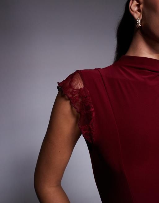 ASOS DESIGN - Vestito lungo accollato bordeaux con inserto in pizzo e maniche ad aletta, 2 di 4
