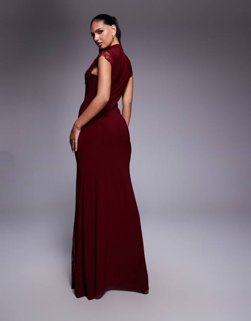 ASOS DESIGN - Vestito lungo accollato bordeaux con inserto in pizzo e maniche ad aletta, 4 di 4