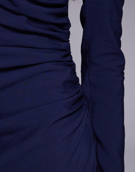 ASOS DESIGN - Vestito lungo accollato color blu navy con arricciature laterali, 2 di 4
