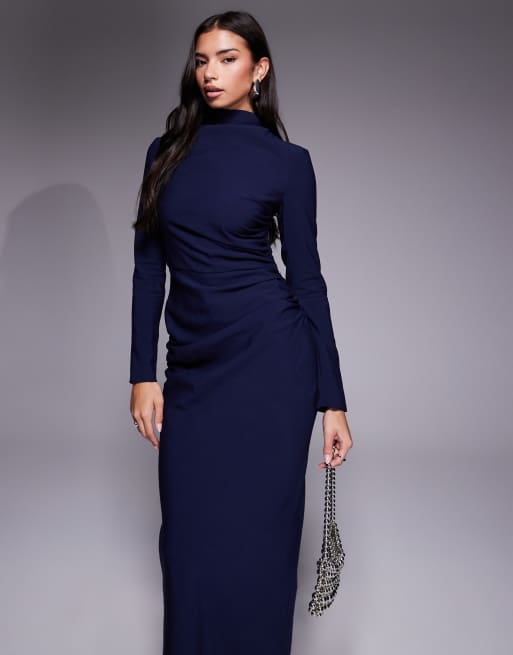 ASOS DESIGN - Vestito lungo accollato color blu navy con arricciature laterali, 3 di 4