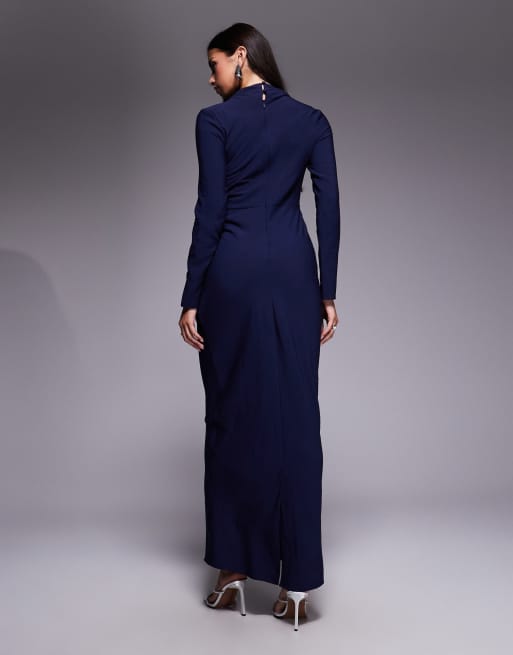 ASOS DESIGN - Vestito lungo accollato color blu navy con arricciature laterali, 4 di 4