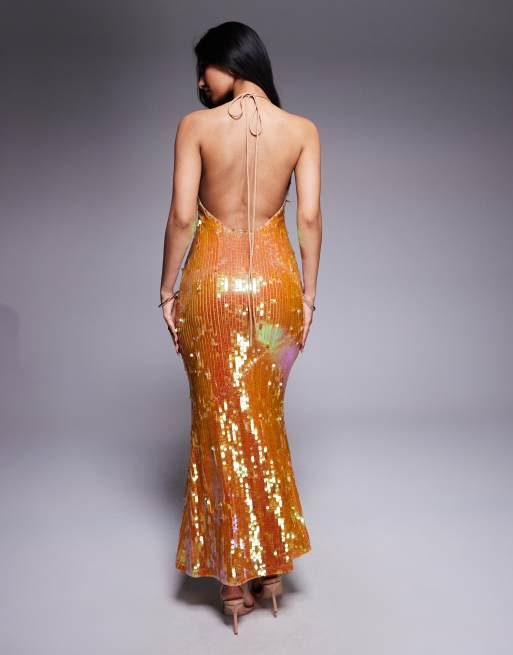 ASOS DESIGN Vestito lungo accollato color bronzo con paillettes