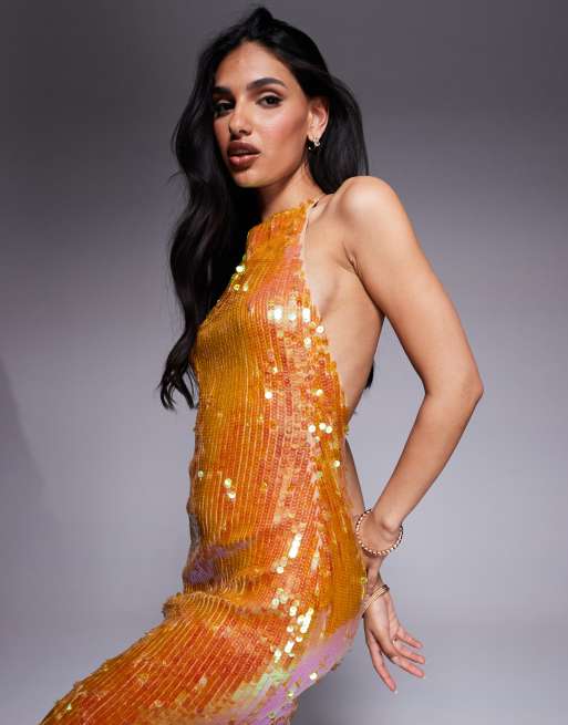 ASOS DESIGN - Vestito lungo accollato color bronzo con paillettes iridescenti e schiena scoperta, 4 di 4