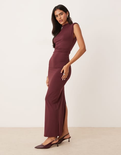 ASOS DESIGN - Vestito lungo accollato color prugna con spalle imbottite - view 1